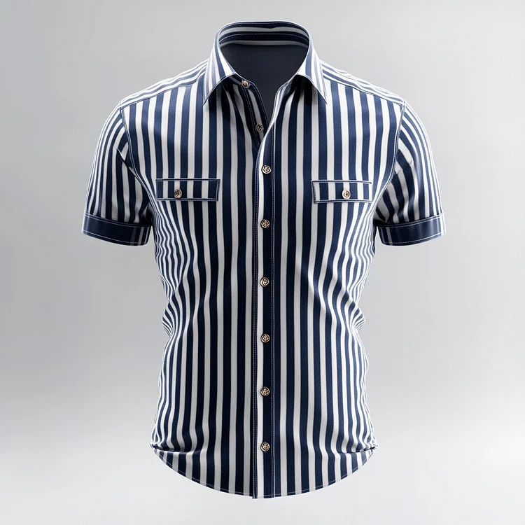 Men's Turndown Collar Single Breasted Short Sleeve Stripe Pattern Shirt
