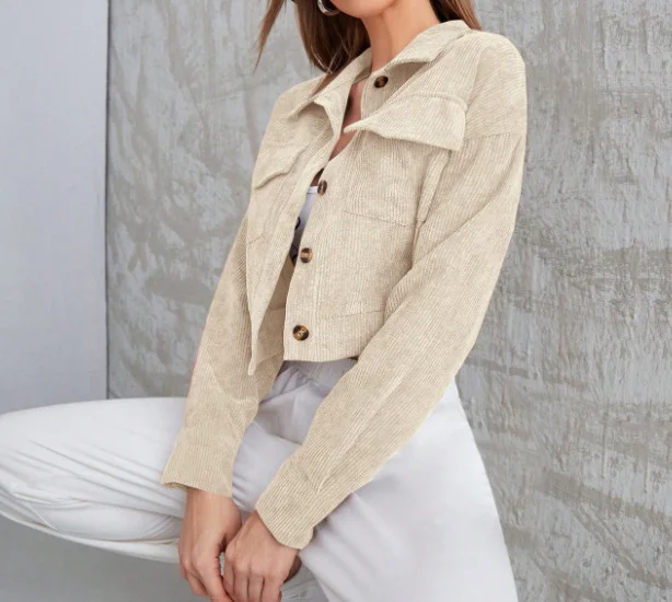 Nigikala Nigikala Women's Corduroy Flip Pocket Button Short Casual Jacket Jacket
