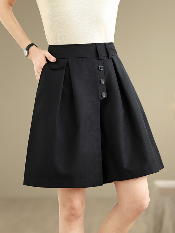 Button Closure Pleated Detail Wide A-Line Shorts