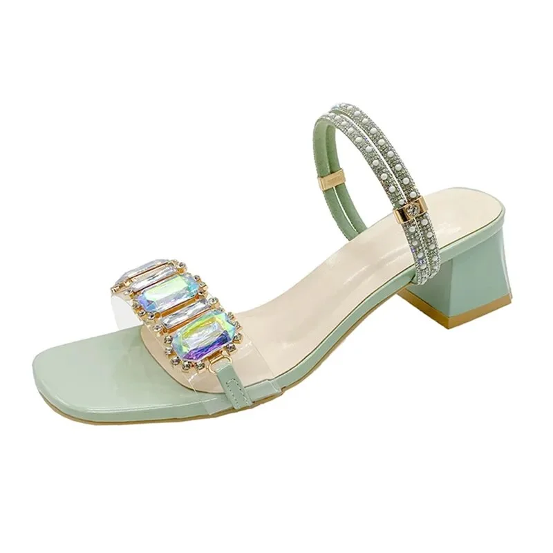 Zhungei Fashion Rhinestone Sandals for Women Summer 2024 Square Heels Open Toe Slippers Woman Transparent PVC Jelly Sandals Mujer