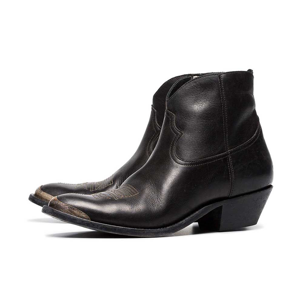 Black Vegan Leather Pointed Toe Chunky Heel Cowgirl Ankle Boots Nicepairs