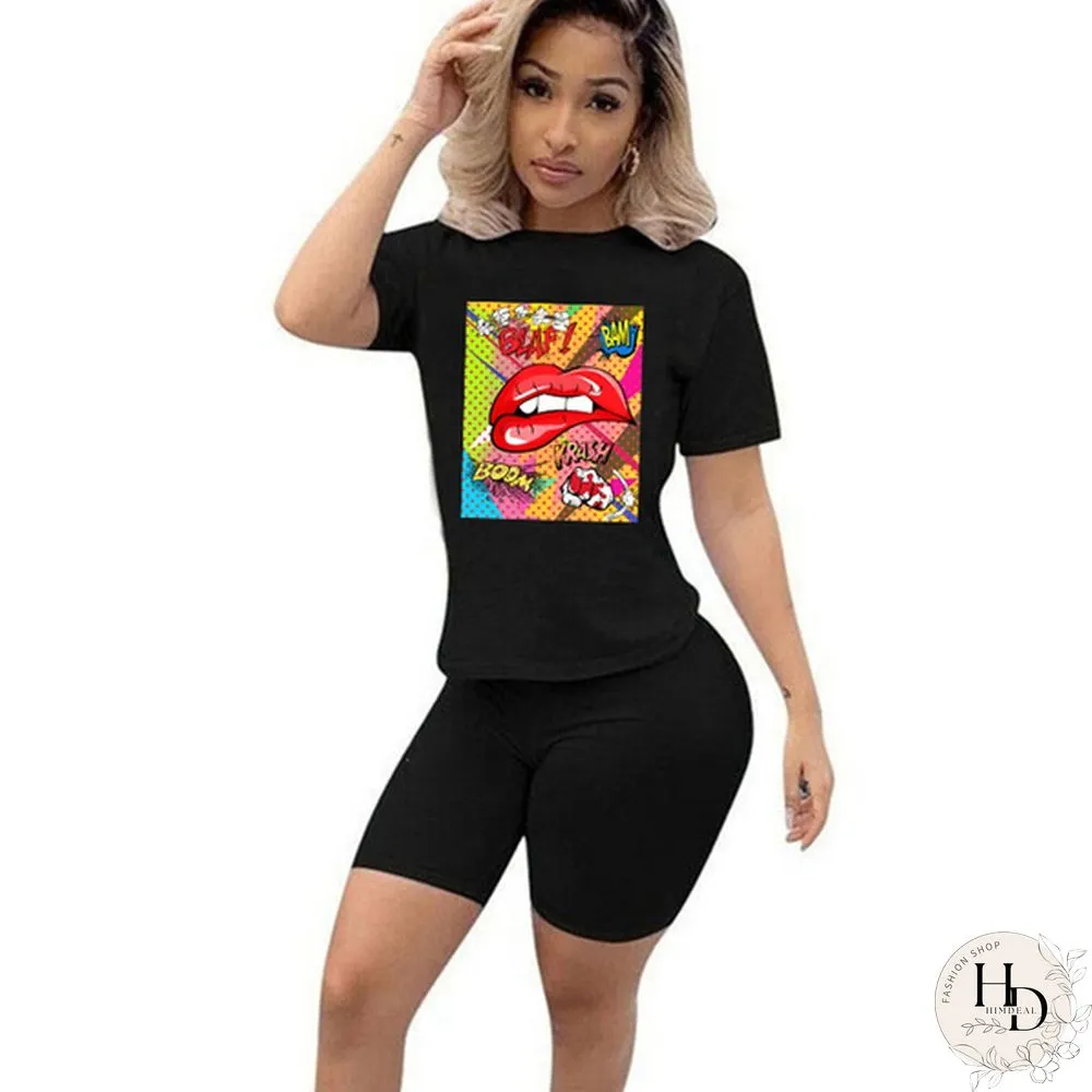 Womens Two Piece Set Cute Nibble Lips Print Short Sleeve Top With Skinny Shorts Pants