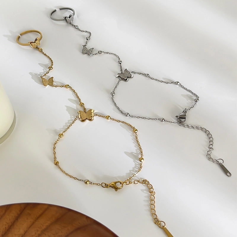 Sweet Minimalist Classic Style Butterfly 316L Stainless Steel  18K Gold Plated Imitation Pearl Rhinestones Shell Bracelets In Bulk