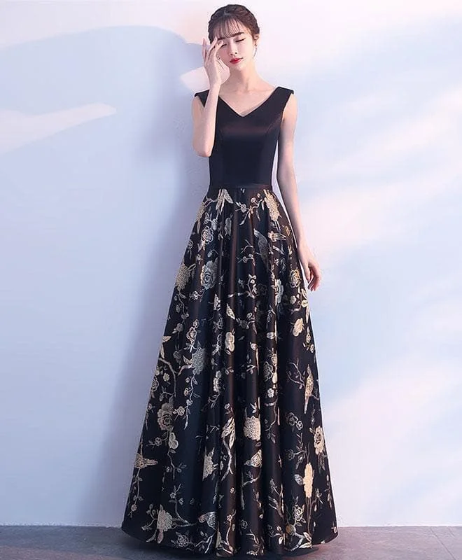 Black V Neck Floral Pattern Long Prom Dress, Evening Dress