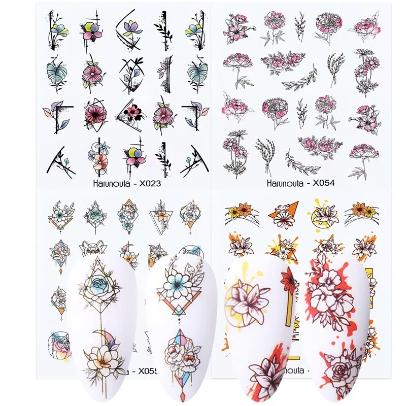 Harunouta 4pcs Geometry Color Wave Line Water Decals Stickers Flower Leaves Slider For Nails Spring Summer Nail Art Decorations-Nail Inspo