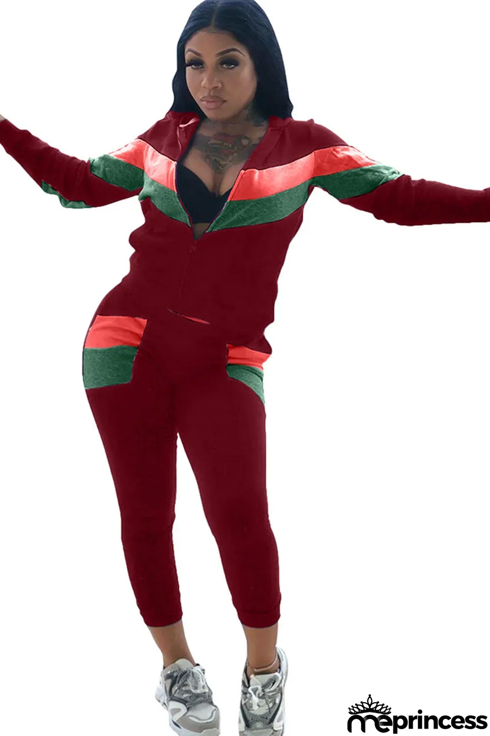 Blue Polyester Casual Two Piece Suits Patchwork Striped Straight Long Sleeve Two-piece Pants Set