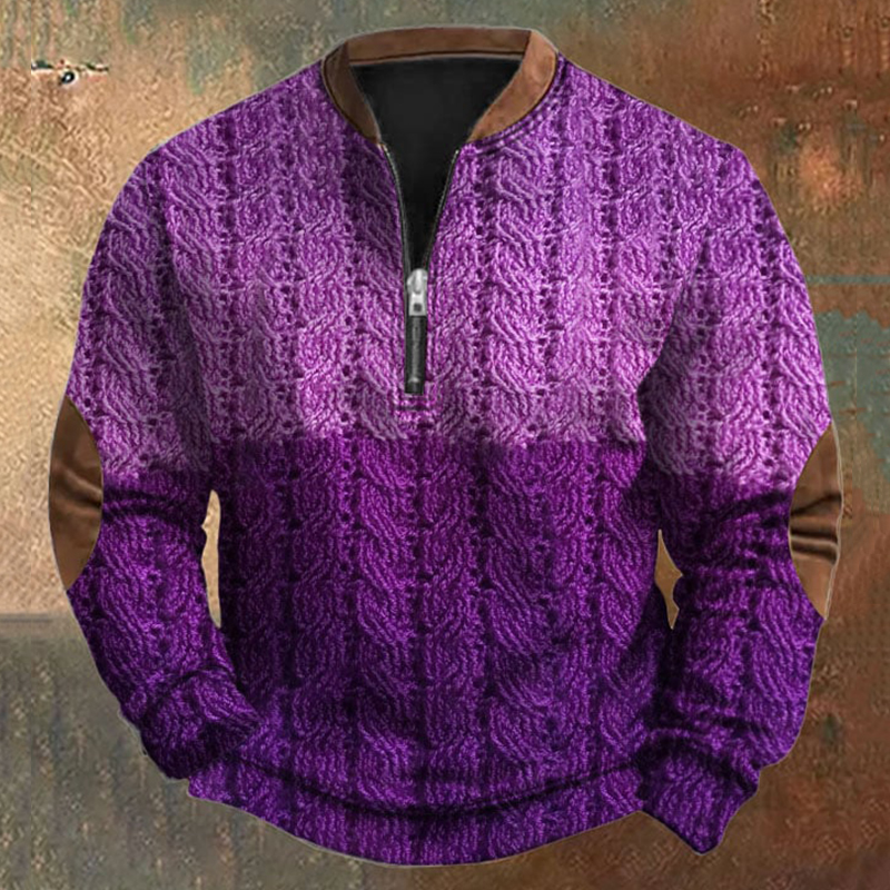 Comstylish Men's Vintage Knit Gradient Printed Casual Zipper Sweatshirt