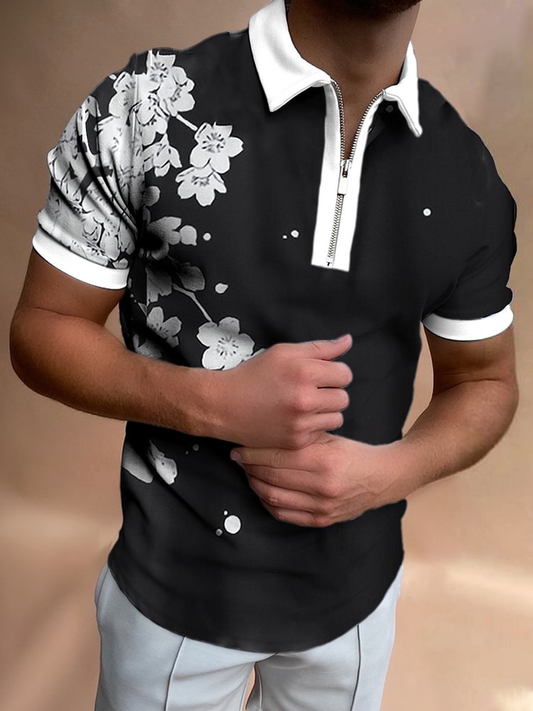 Casual Flower Printed with Zipper Design Polo Shirt