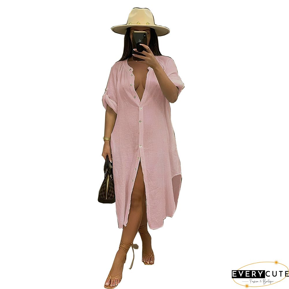 Plain Button Design Long Sleeve Dress