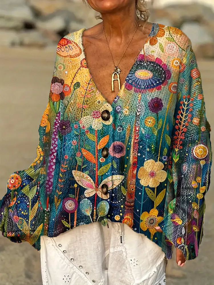 Women's Beautiful Vintage Abstract Floral Painting Art Print Casual Pullover Sweater