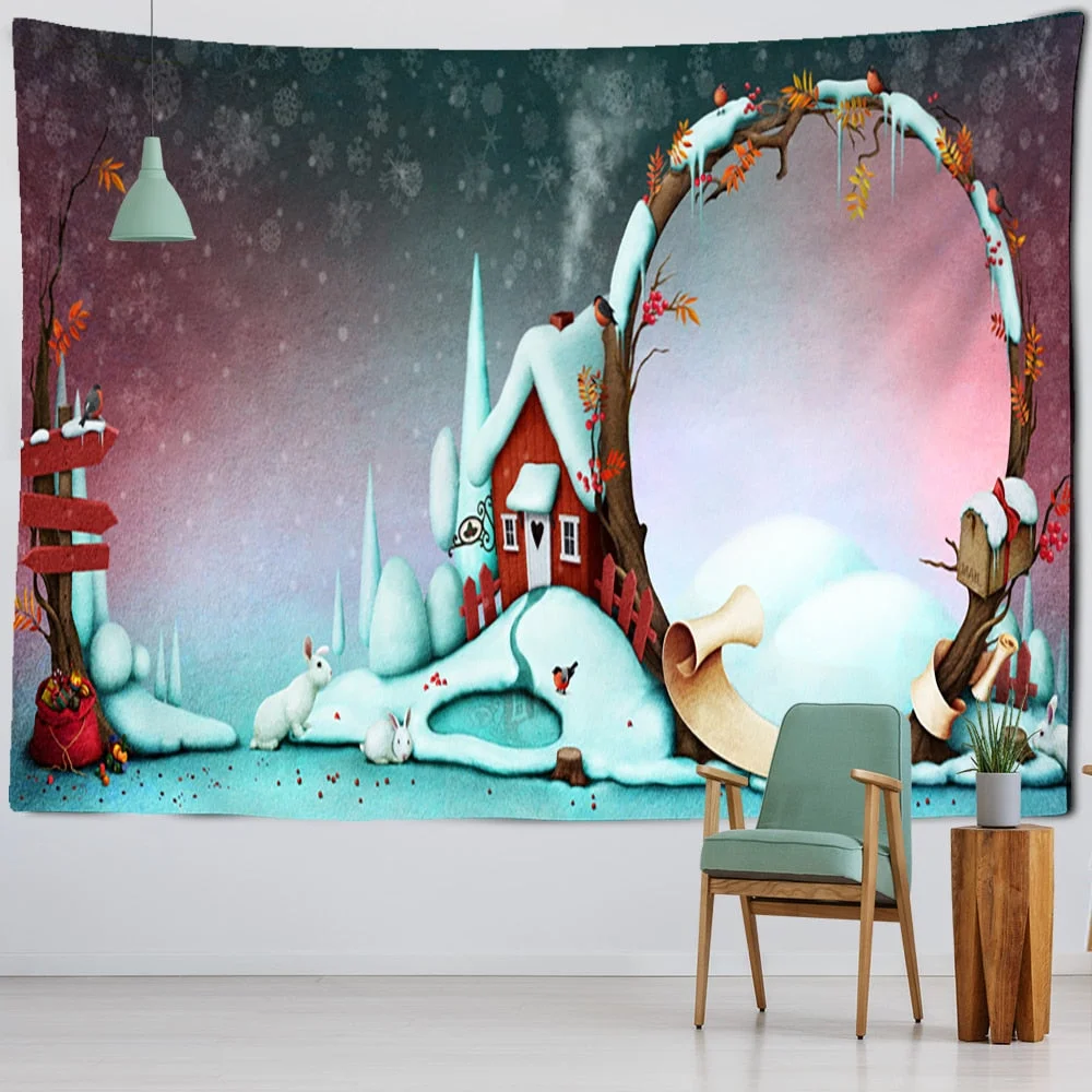 Christmas Cartoon Illustration Tapestry Wall Hanging Cute Kawaii Boho Style Background Cloth Home Decor