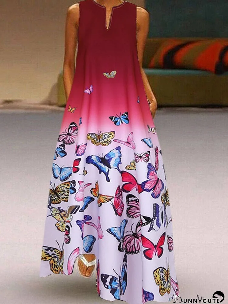 Dresses Casual Butterfly Print Pocket Sleeveless Dress for Women