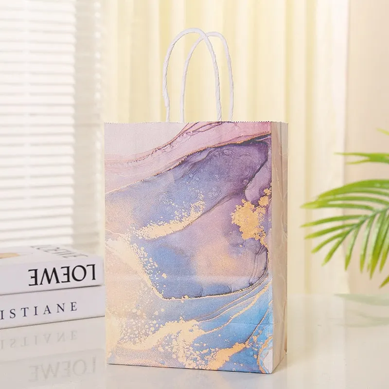 5pcs Marble Design Kraft Paper Gift Bag with Handle Birthday Party Packaging Bag Wedding Favors Eid Ramadan Festival Supplies