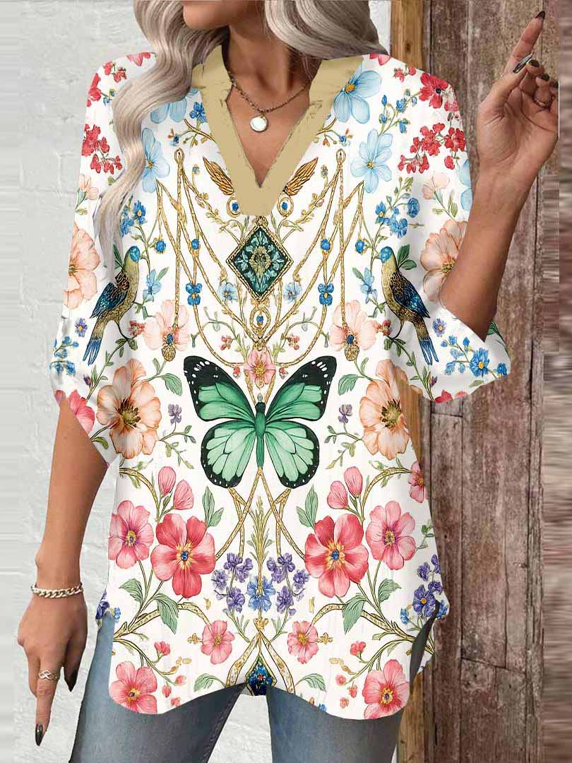 Women Floral,Butterfly,Blue,Red DZGA0258 3/4 Sleeve V-neck Printed Graphic Button Tops