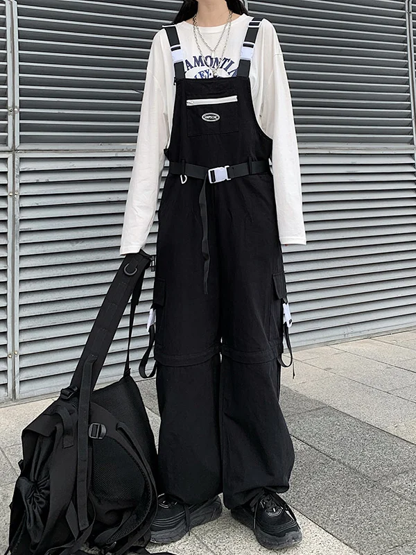 Black Roomy Casual Wide-Leg Overalls Pants