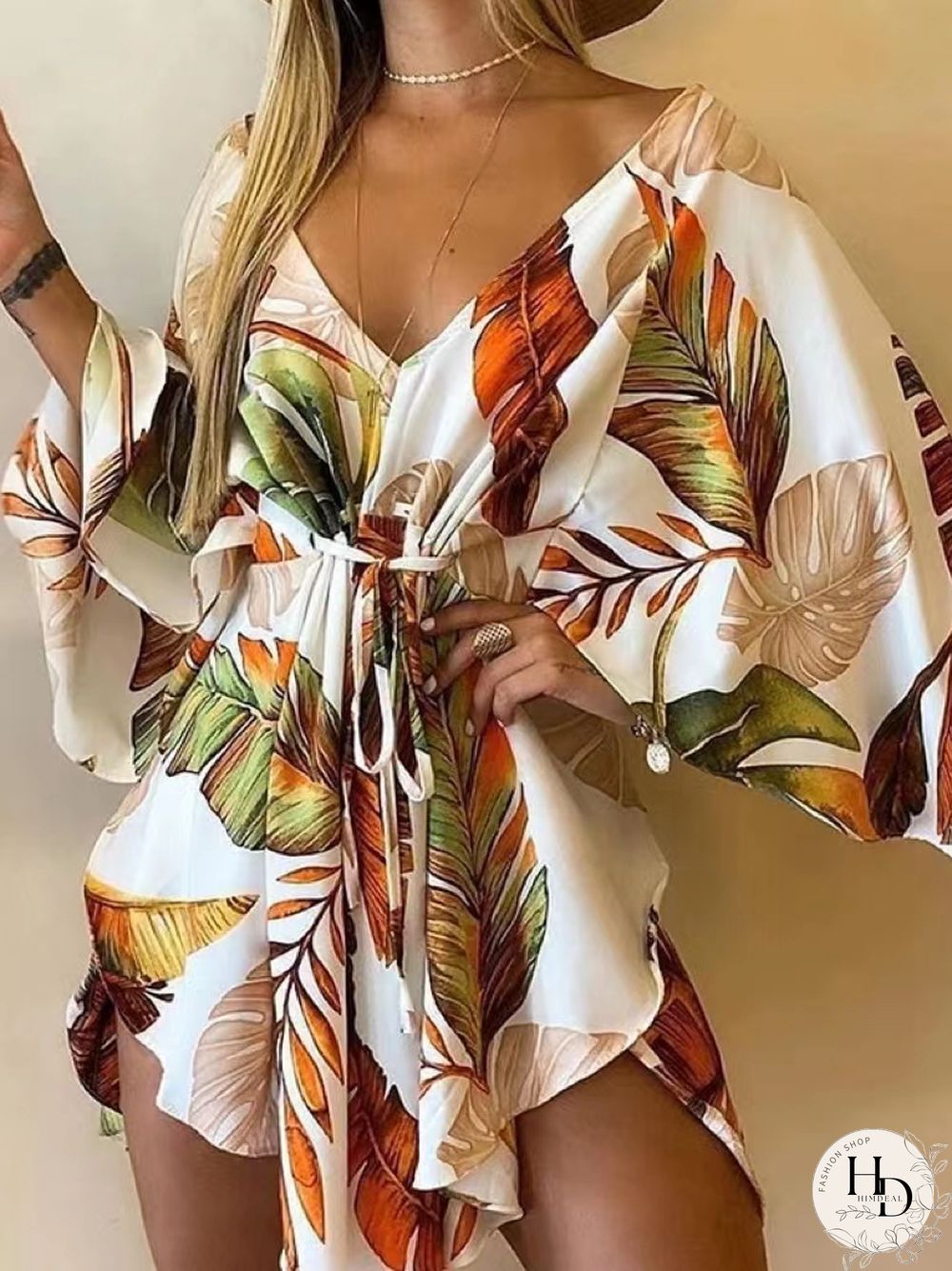 New Summer Beach Elegant Women Dresses Sexy V Neck Lace-up Floral Print Mini Dress Casual Flared Sleeves Ladies Party Dress