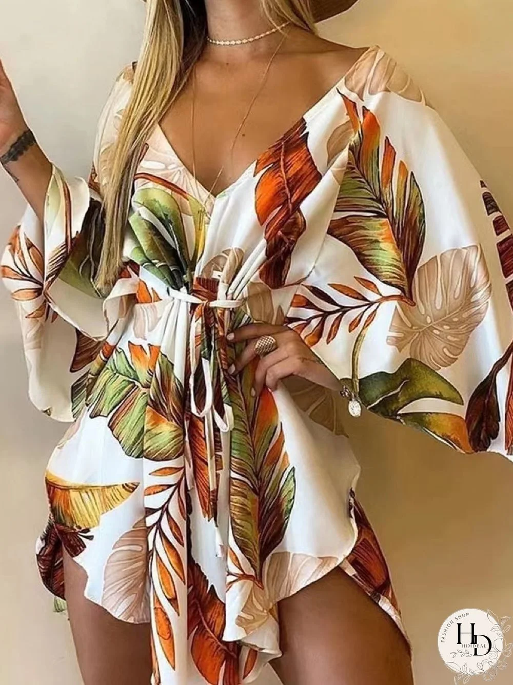 New Summer Beach Elegant Women Dresses Sexy V Neck Lace-up Floral Print Mini Dress Casual Flared Sleeves Ladies Party Dress