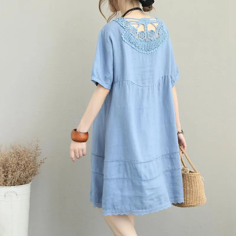 stylish light blue linen shift dress oversize shirt dress women patchwork lace hollow out linen cotton dress