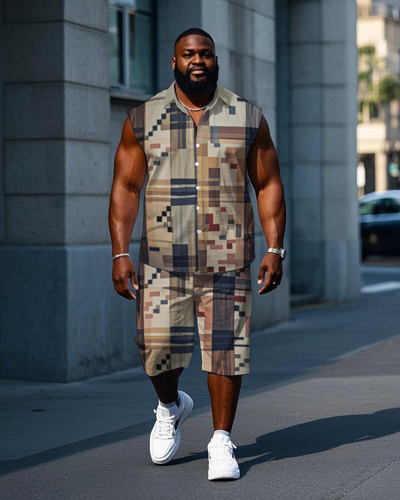 Big Men's Fashion Plaid Splicing Style Casual Sleeveless Shirt and Shorts Set