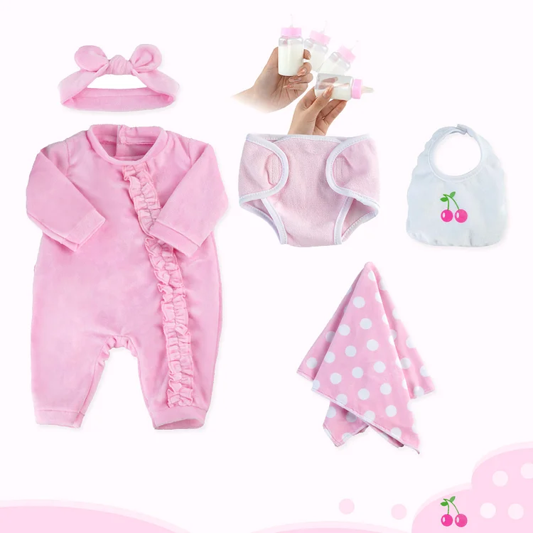  17''-22'' Inches Girl Pink Crawl Suit for Handmade Newborn Baby Dolls 6pcs Set Clothes Accessories - Reborndollsshop®-Reborndollsshop®