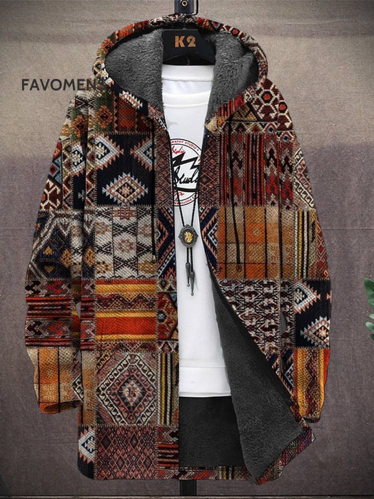 Men’s Vintage Geometric Print Hooded Two-Pocket Fleece Jacket Cardigan Jacket(A) / Coffee M