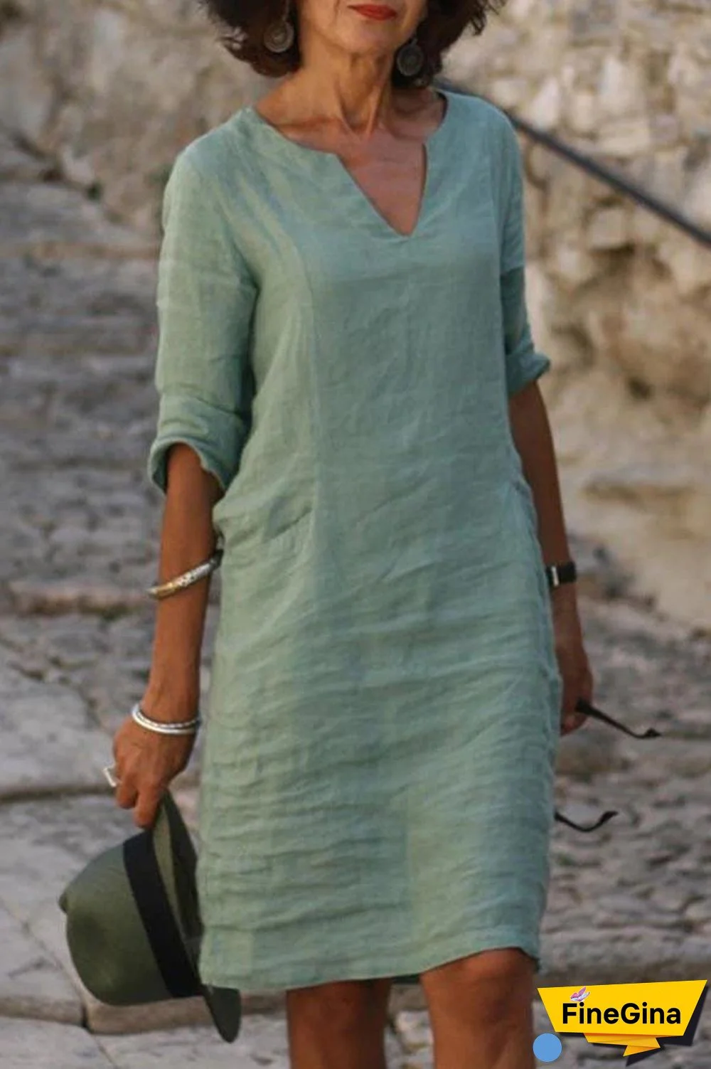 V-neck Solid Vintage Long Sleeves Midi Dress