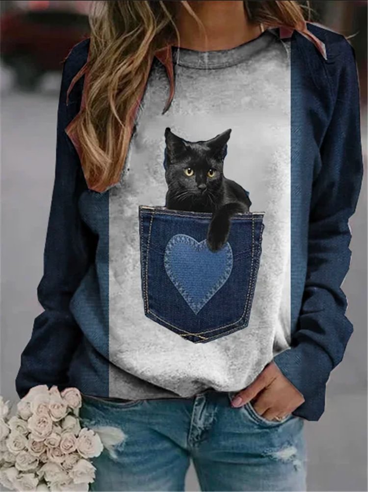 Casual Colorblock Cat Print Sweatshirt