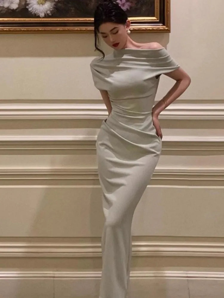 Aiertu DRESS TO IMPRESS Solid Bodycon Evening Party Dresses for Women Fashion Off Shoulder Prom Vestidos Summer Korean Robe Female Clothing aiertu