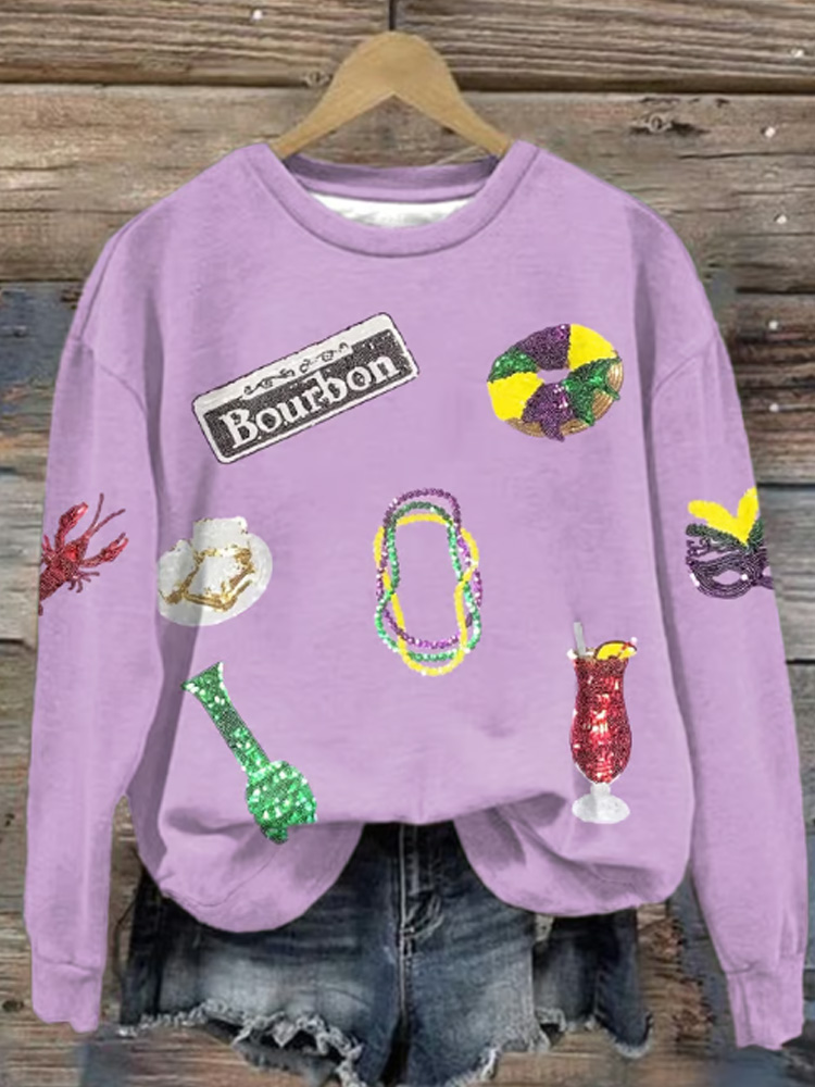 Comstylish Retro Mardi Gras Bourbon Mask Beads King Cake Crawfish Print Sweatshirt