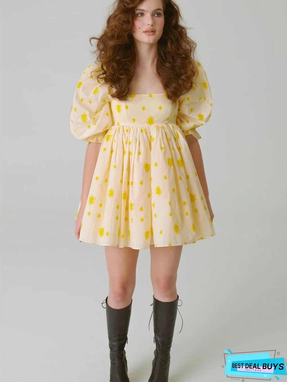 Printed Square Neck Lantern Short Sleeve Women's Dress Backless Fluffy French Princess Dress