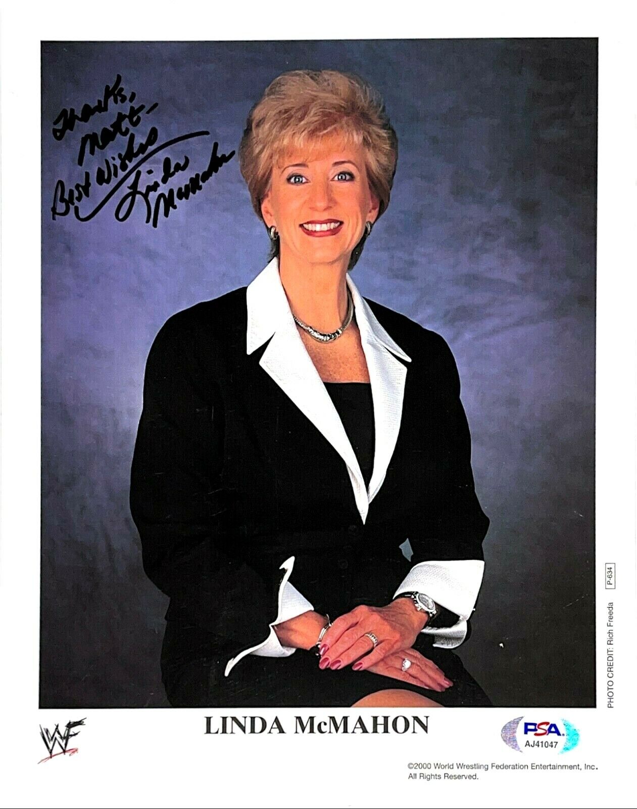 WWE LINDA MCMAHON P-634 HAND SIGNED AUTOGRAPHED 8X10 PROMO Photo Poster painting WITH PSA COA
