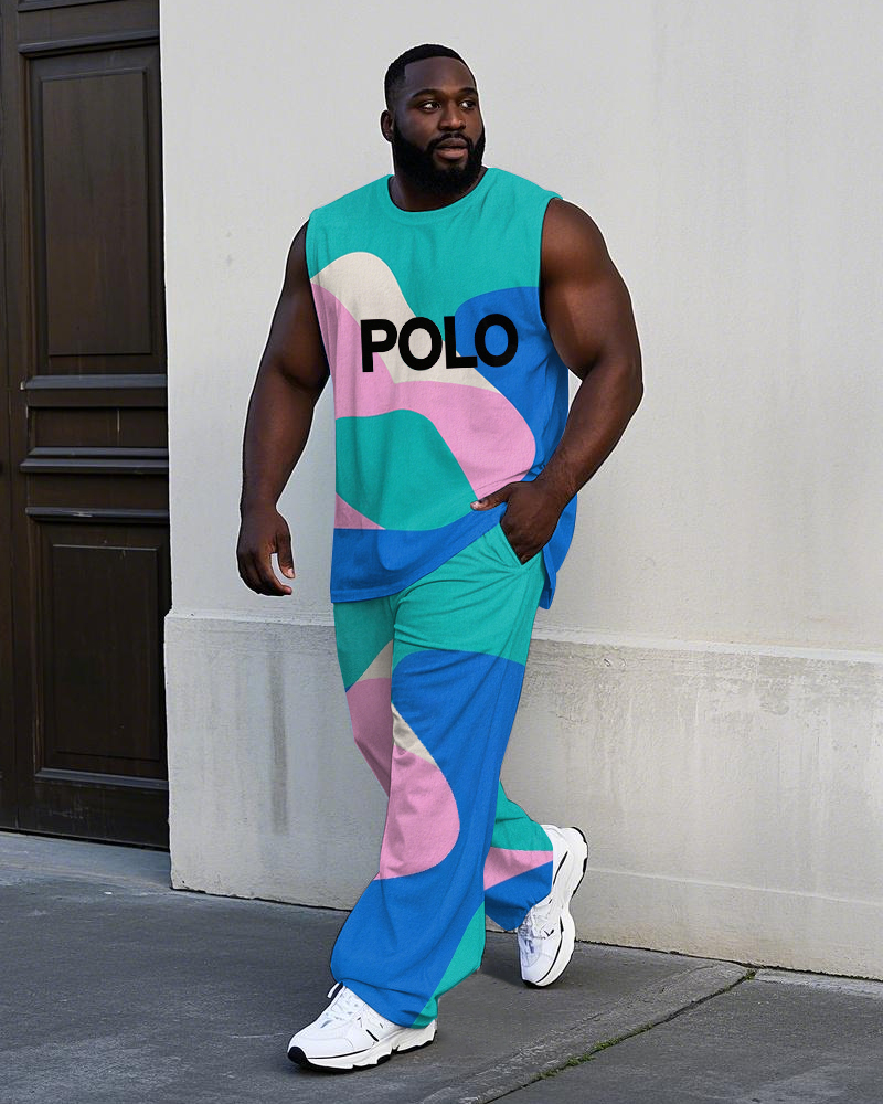 Big Men's Simple Irregular Wave Color Block POLO Letter Printed Sporty Vest and Pants Set