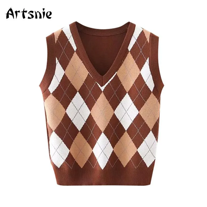 Artsnie Vintage Argyle Sweater Vest Women V Neck Sleeveless Spring 2021 Pull Femme Streetwear Casual Knitted Brown Sweater Vest