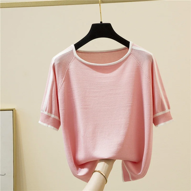 Camisetas Mujer Short Sleeve 2022 Summer Blouse Thin Knitted Shirt Women Tops Woman Clothes Striped Fashion Shirt Femme 18841