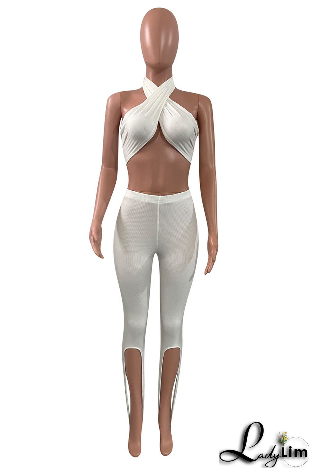 White Fashion Sexy Solid Bandage Backless Asymmetrical Halter Sleeveless Two Pieces