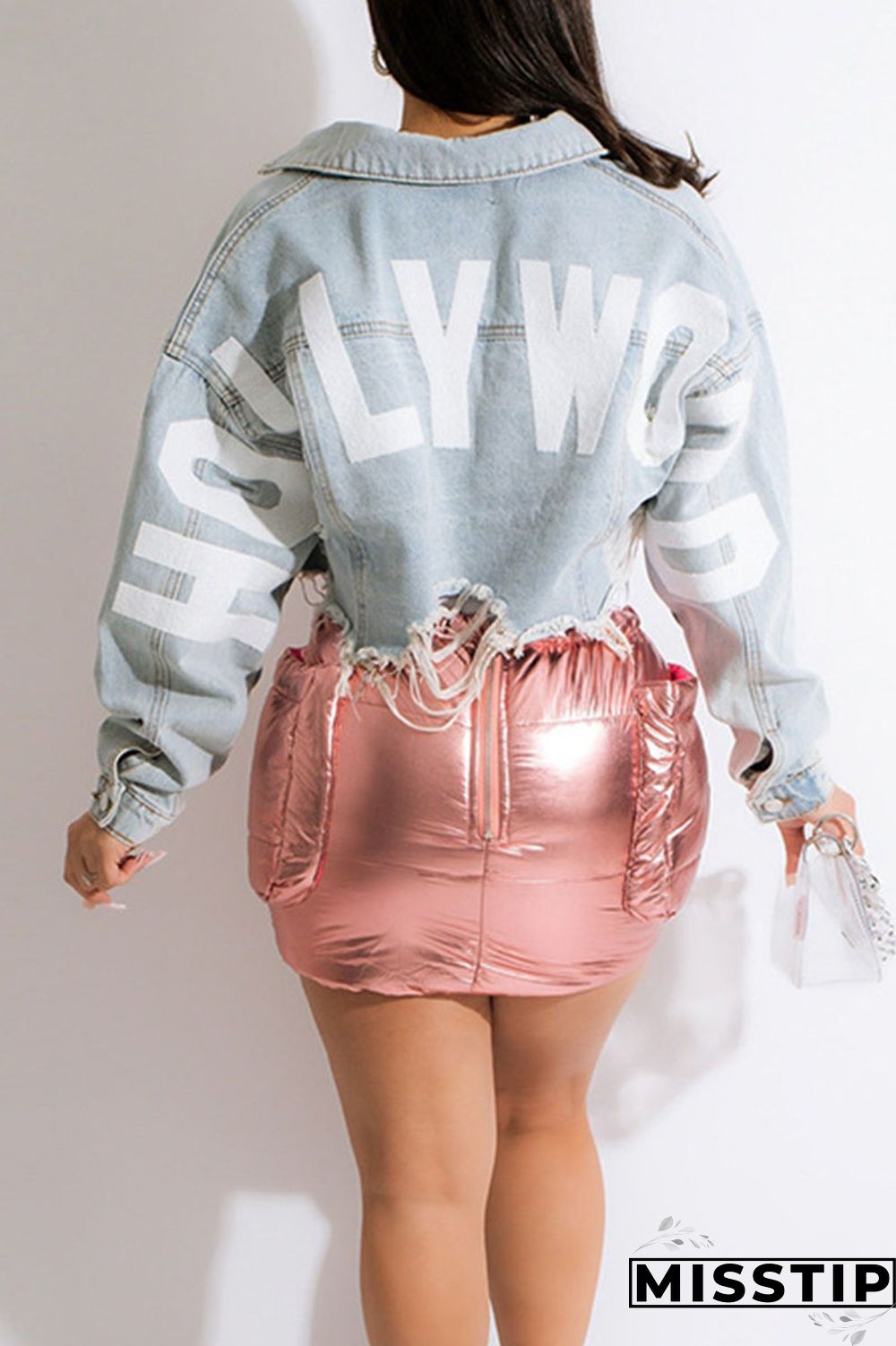 Blue Orange Street Print Make Old Patchwork Buckle Turndown Collar Long Sleeve Straight Denim Jacket