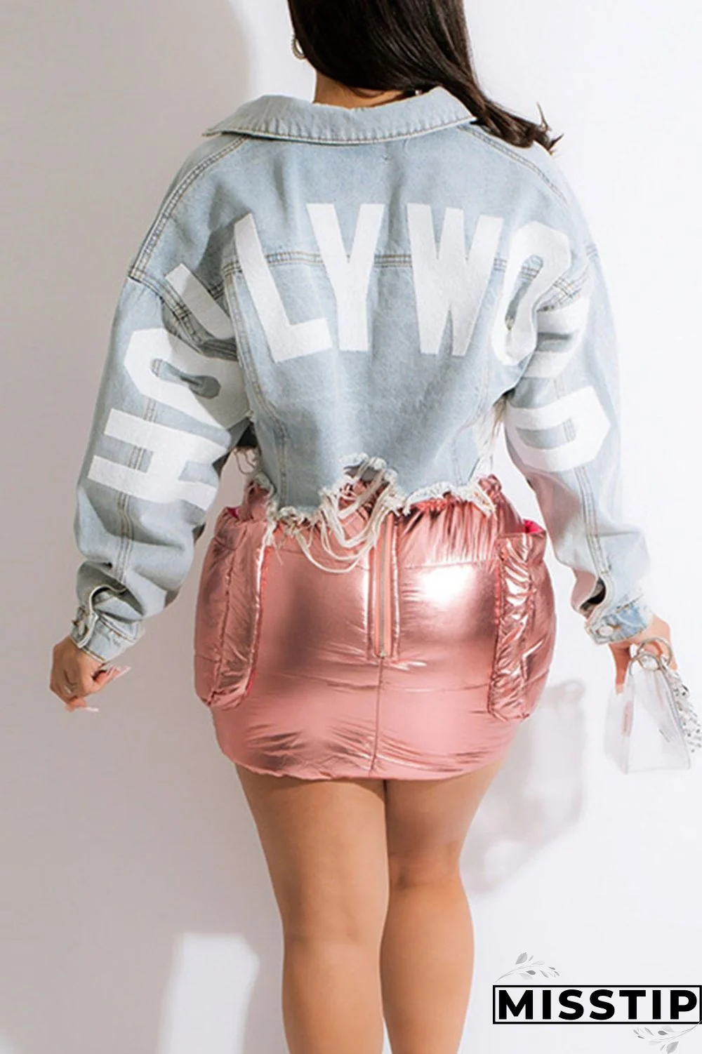 Blue Orange Street Print Make Old Patchwork Buckle Turndown Collar Long Sleeve Straight Denim Jacket