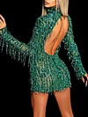 Beaded Decorate Long Sleeve Tasseled Backless Mini Dress