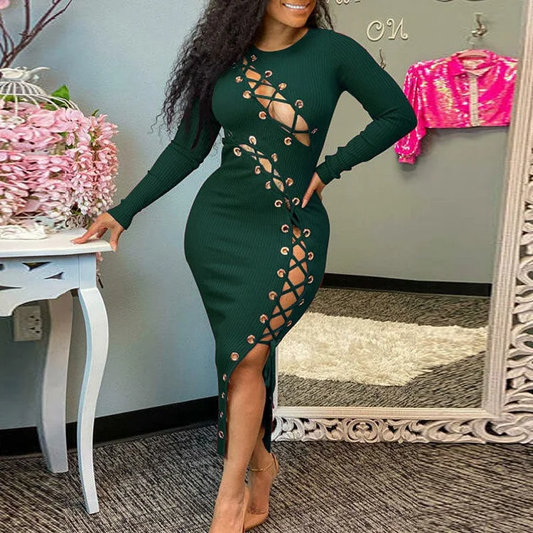Solid Long Sleeve Hollow Out Bandage Midi Dress - IRBOOM Fashion Clothing