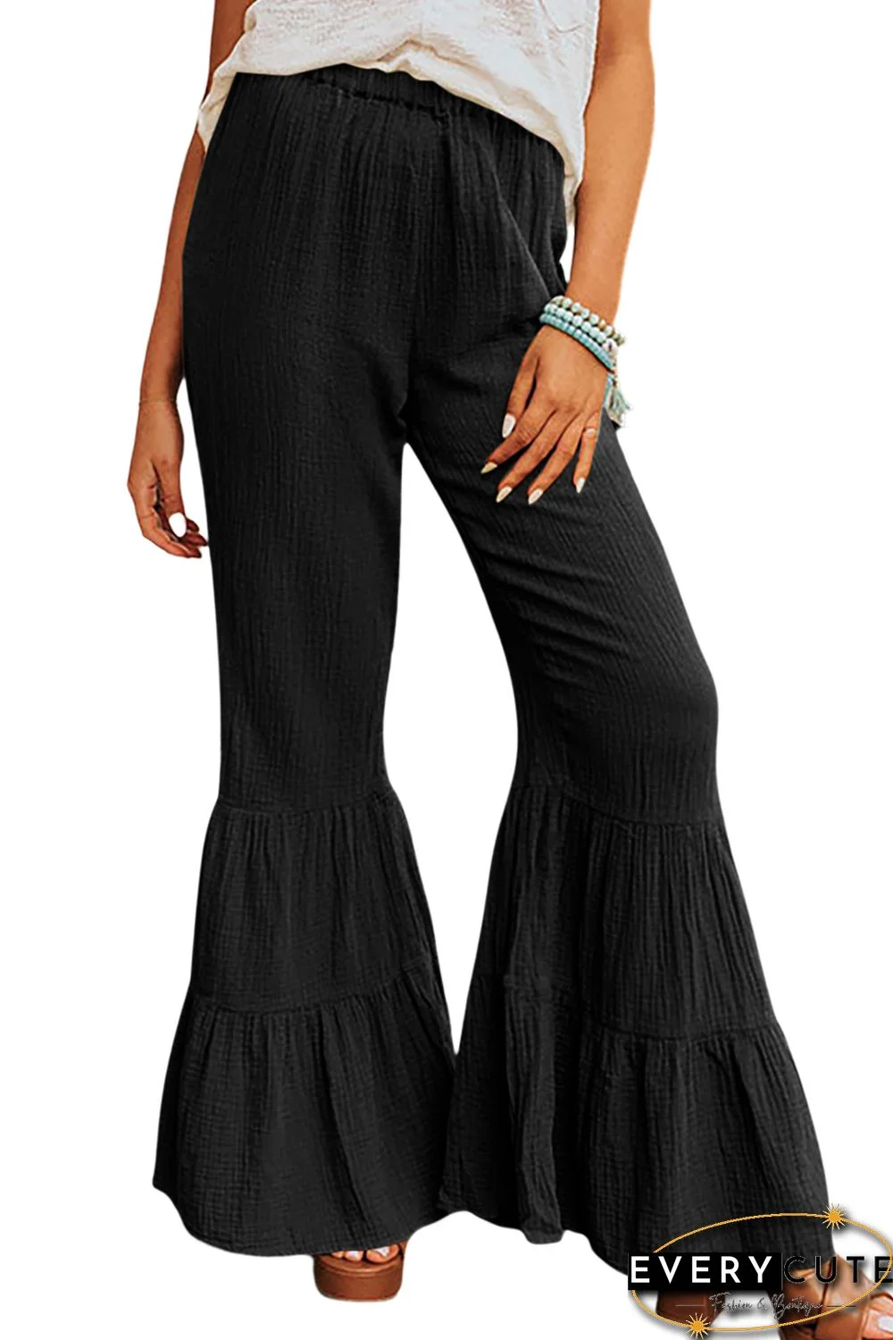 Black Textured High Waist Ruffled Bell Bottom Pants