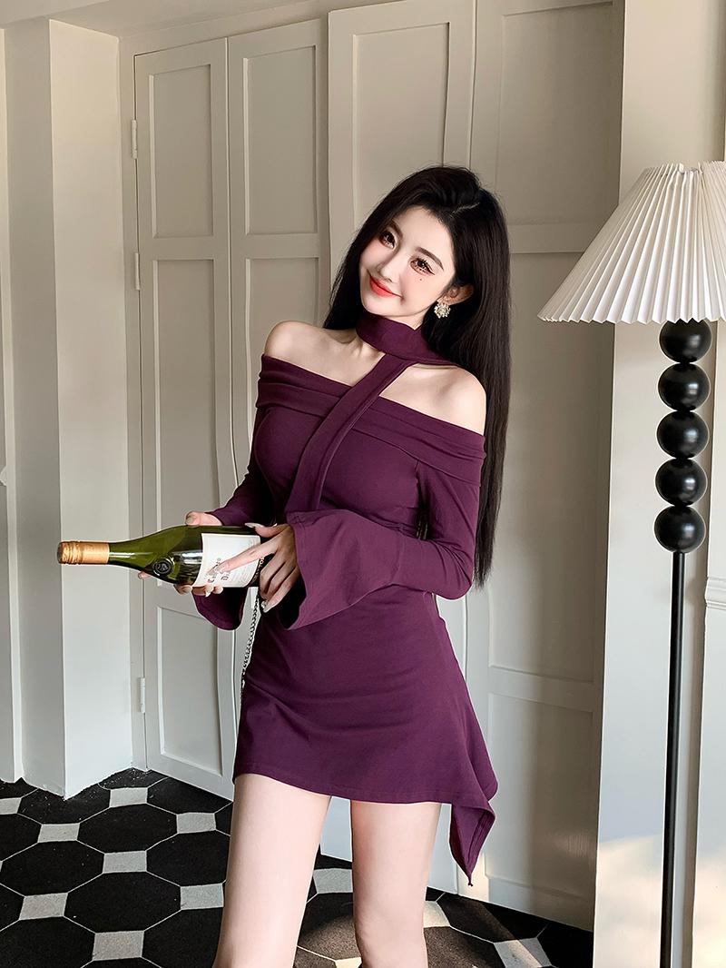 Magibyte 90s prom dresses Autumn Purple Elegant Off Shoulder Long Sleeved Pleated Mini Dress 2024 New Brown Sexy Ruffles Irregular Short Dress Women Trend