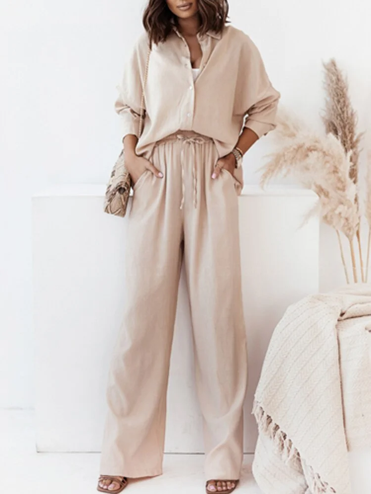 Casual Loose Solid Two Piece Sets Women Elegant Turndown Collar Cardigan Tops And Wide Leg Pants Suits Female New Fashion Outfit