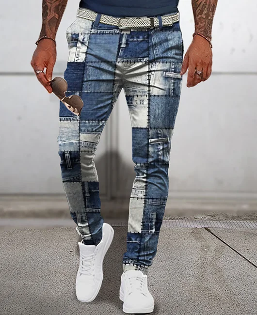Fashion Denim Patchwork Print Pocket Slim Fit Pants 