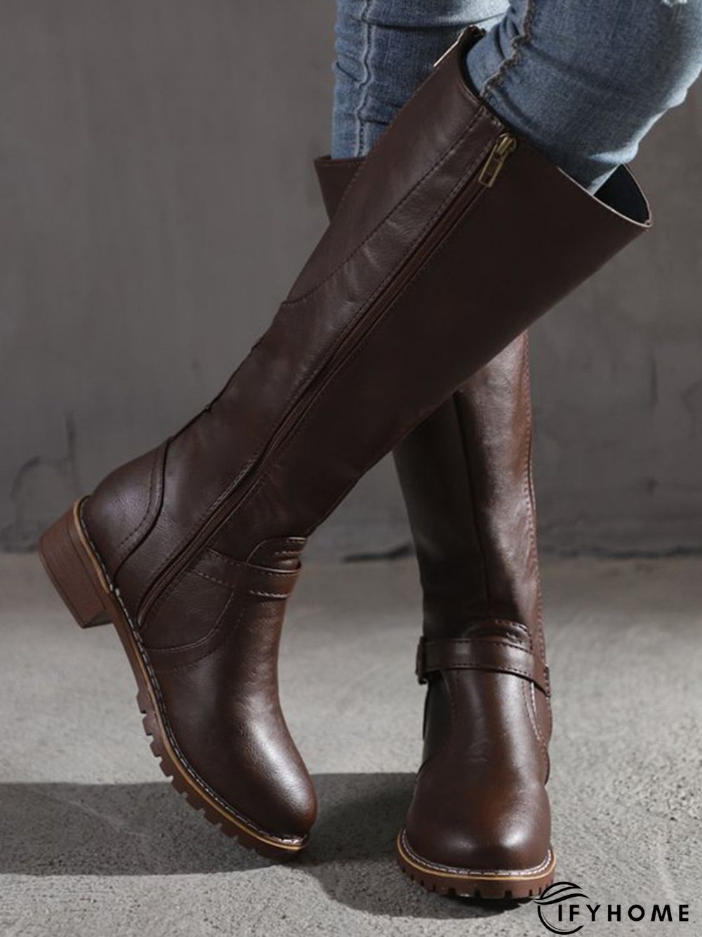 Vintage Round Toe Buckle Tall Boots Chunky Heel Riding Boots | IFYHOME