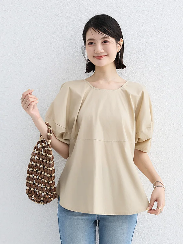 Elegant Solid Color Round Neck Puff Sleeve Shirt