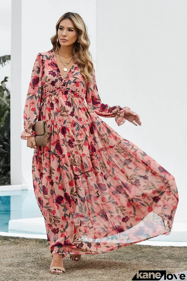 Red Floral Long Sleeve Wild Lotus Ruffle Tiered Maxi Dress