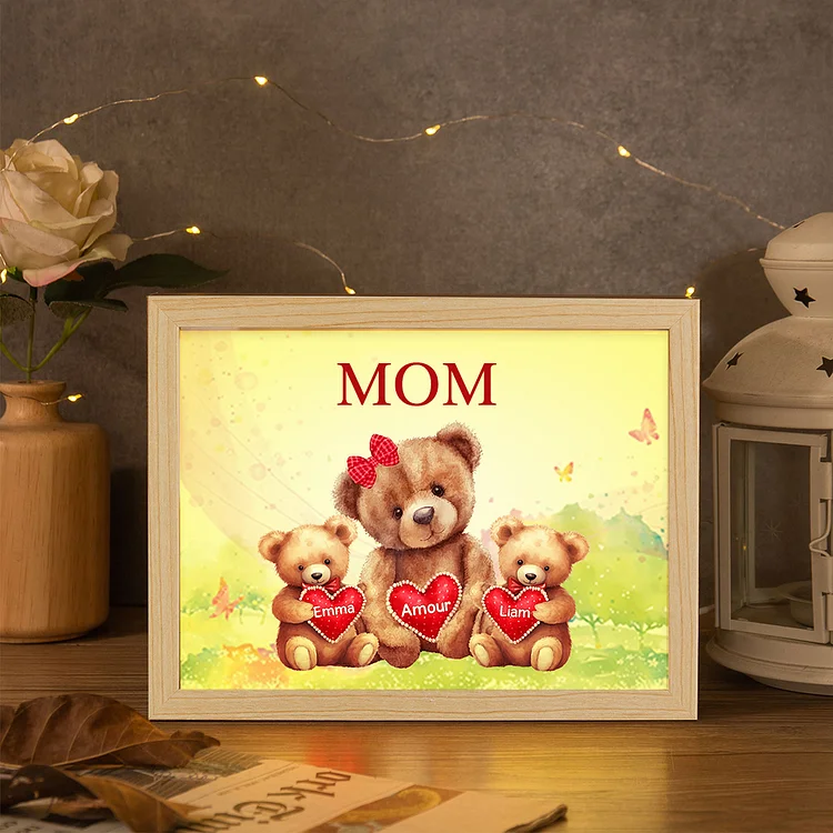 Personalized Frame Night Light Custom 1 Text  & 2 Names Teddy Bears Family Ornament Gifts for Mother/Grandma