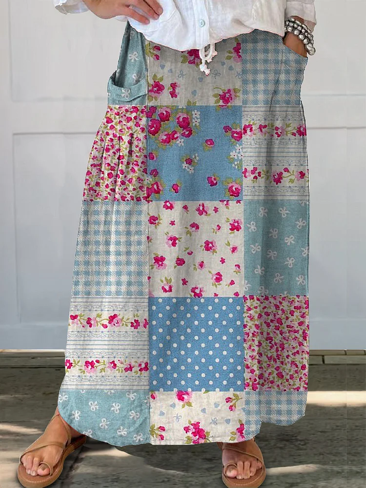 Women's Retro Floral Patchwork Art Linen Pocket Skirt socialshop