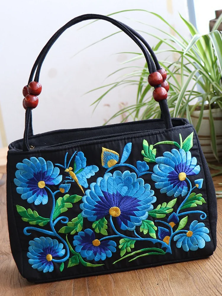 Fashion Allover Floral Beads Decor Canvas Handbag Clutches Bag