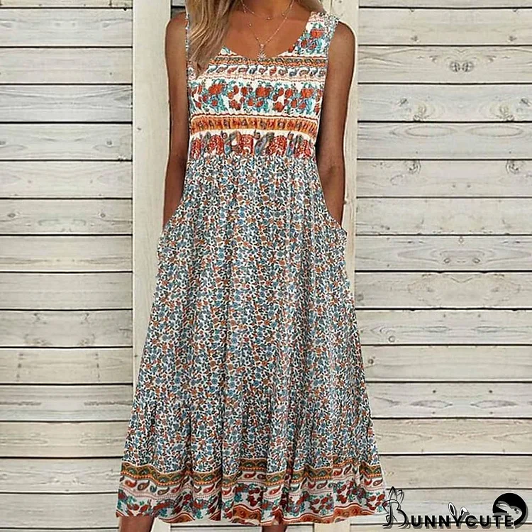 Tan Print Sleeveless Round Neck Midi Dress